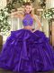 Sleeveless Floor Length Beading and Ruffled Layers Criss Cross Sweet 16 Dresses with Purple