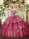 Shining Sleeveless Floor Length Beading and Ruffled Layers Lace Up Sweet 16 Dresses with Hot Pink
