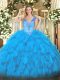 Sweet Baby Blue Sleeveless Floor Length Beading and Ruffles Lace Up Quince Ball Gowns