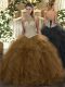 Designer Brown Ball Gowns Halter Top Sleeveless Tulle Floor Length Lace Up Beading and Ruffles Sweet 16 Quinceanera Dress