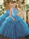 Floor Length Teal 15th Birthday Dress Halter Top Sleeveless Lace Up