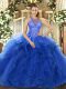 Blue Ball Gowns Organza High-neck Sleeveless Beading and Ruffles Floor Length Lace Up Quinceanera Gown