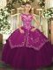 Cap Sleeves Satin and Tulle Floor Length Lace Up Sweet 16 Dresses in Purple with Beading and Embroidery