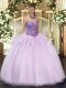 Floor Length Zipper Quinceanera Gowns Lavender for Military Ball and Sweet 16 and Quinceanera with Beading and Ruffles