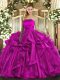 Classical Fuchsia Ball Gowns Strapless Sleeveless Organza Floor Length Lace Up Ruffles Vestidos de Quinceanera