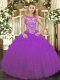 Sleeveless Floor Length Beading and Appliques Lace Up Sweet 16 Dresses with Eggplant Purple