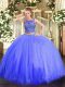 Customized Blue Tulle Lace Up Quinceanera Gowns Sleeveless Floor Length Beading
