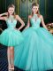 Aqua Blue Ball Gowns Halter Top Sleeveless Tulle Floor Length Lace Up Beading and Pick Ups Quinceanera Dress