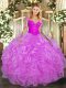 Adorable Long Sleeves Organza Floor Length Lace Up Vestidos de Quinceanera in Lilac with Lace and Ruffles
