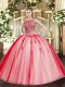Comfortable Coral Red Tulle Lace Up Scoop Sleeveless Floor Length Ball Gown Prom Dress Beading and Appliques