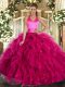 Artistic Fuchsia Sleeveless Organza Lace Up Quinceanera Gowns for Military Ball and Sweet 16 and Quinceanera