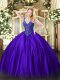 V-neck Sleeveless Sweet 16 Quinceanera Dress Floor Length Beading Purple Satin