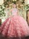 Fashionable Watermelon Red Two Pieces Scoop Sleeveless Tulle Floor Length Zipper Lace and Ruffled Layers Ball Gown Prom Dress