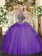 Lavender Ball Gowns Halter Top Sleeveless Tulle Floor Length Lace Up Beading 15th Birthday Dress