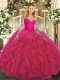 Glittering Scoop Long Sleeves Quinceanera Dresses Floor Length Lace and Ruffles Hot Pink Tulle