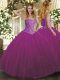 Fancy Tulle Sweetheart Sleeveless Lace Up Beading 15 Quinceanera Dress in Fuchsia