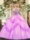 Elegant Tulle Halter Top Sleeveless Lace Up Beading and Appliques Quinceanera Gown in Lilac