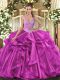 Floor Length Fuchsia Quinceanera Gown Organza Sleeveless Beading and Ruffles
