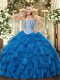 Captivating Sweetheart Sleeveless Vestidos de Quinceanera Floor Length Beading and Ruffles Blue Tulle