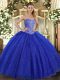 Floor Length Royal Blue Quince Ball Gowns Tulle Sleeveless Beading