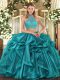 Custom Design Turquoise Organza Criss Cross 15 Quinceanera Dress Sleeveless Asymmetrical Beading and Ruffled Layers