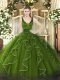 Shining Tulle Straps Sleeveless Lace Up Beading and Ruffles Quinceanera Dresses in Olive Green