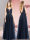 Ideal Navy Blue Backless Prom Evening Gown Beading and Appliques Sleeveless Floor Length