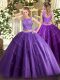 Sleeveless Tulle Floor Length Lace Up Vestidos de Quinceanera in Purple with Beading and Appliques
