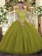 Low Price Olive Green Quince Ball Gowns Military Ball and Sweet 16 and Quinceanera with Beading Scoop Sleeveless Backless