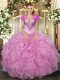 Sweet Rose Pink Lace Up Quinceanera Dress Beading and Ruffles Sleeveless Floor Length