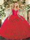 Floor Length Lace Up 15th Birthday Dress Red for Military Ball and Sweet 16 and Quinceanera with Lace and Ruffles
