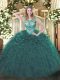 Teal Sleeveless Floor Length Beading and Ruffles Lace Up Quinceanera Gown