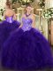 Dazzling Sleeveless Floor Length Appliques and Ruffles Lace Up 15th Birthday Dress with Purple