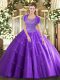 Stylish Lavender Ball Gowns Scoop Sleeveless Tulle Floor Length Clasp Handle Beading and Appliques Sweet 16 Dresses