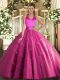 Floor Length Hot Pink Sweet 16 Dress Tulle Sleeveless Appliques