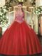 Traditional Tulle V-neck Sleeveless Lace Up Beading Quinceanera Gowns in Coral Red