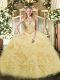 Captivating Beading and Ruffles Ball Gown Prom Dress Champagne Lace Up Sleeveless Floor Length