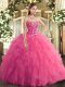 Noble Hot Pink Ball Gowns Sweetheart Sleeveless Tulle Lace Up Embroidery and Ruffles Sweet 16 Dress