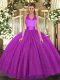 Halter Top Sleeveless Lace Up Sweet 16 Quinceanera Dress Fuchsia Tulle