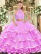 Halter Top Sleeveless Sweet 16 Dresses Floor Length Beading and Ruffled Layers Lilac Tulle