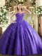 Purple Ball Gowns Tulle Sweetheart Sleeveless Appliques and Embroidery Floor Length Lace Up 15th Birthday Dress