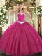 Nice Hot Pink Ball Gowns Tulle Sweetheart Sleeveless Appliques Floor Length Lace Up Quinceanera Dresses