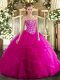 Extravagant Fuchsia Sleeveless Tulle Lace Up Sweet 16 Quinceanera Dress for Military Ball and Sweet 16 and Quinceanera