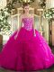 Extravagant Fuchsia Sleeveless Tulle Lace Up Sweet 16 Quinceanera Dress for Military Ball and Sweet 16 and Quinceanera
