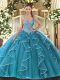 Teal Ball Gowns Tulle V-neck Sleeveless Beading Floor Length Lace Up Quinceanera Gowns