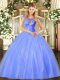 Amazing Blue Sleeveless Floor Length Beading Lace Up Ball Gown Prom Dress