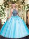 Tulle Halter Top Sleeveless Lace Up Beading and Appliques 15th Birthday Dress in Aqua Blue