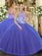 Halter Top Sleeveless Ball Gown Prom Dress Floor Length Embroidery Blue Tulle