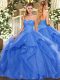 Decent Blue Tulle Lace Up Ball Gown Prom Dress Sleeveless Floor Length Beading and Ruffles
