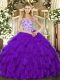 Purple Lace Up Straps Beading and Ruffles 15th Birthday Dress Organza Sleeveless
